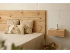 DECOWOOD Pack Cabecero de cama y mesitas de madera maciza tono roble medio 160cm - FLANDES + INGRID - Marru00f3n