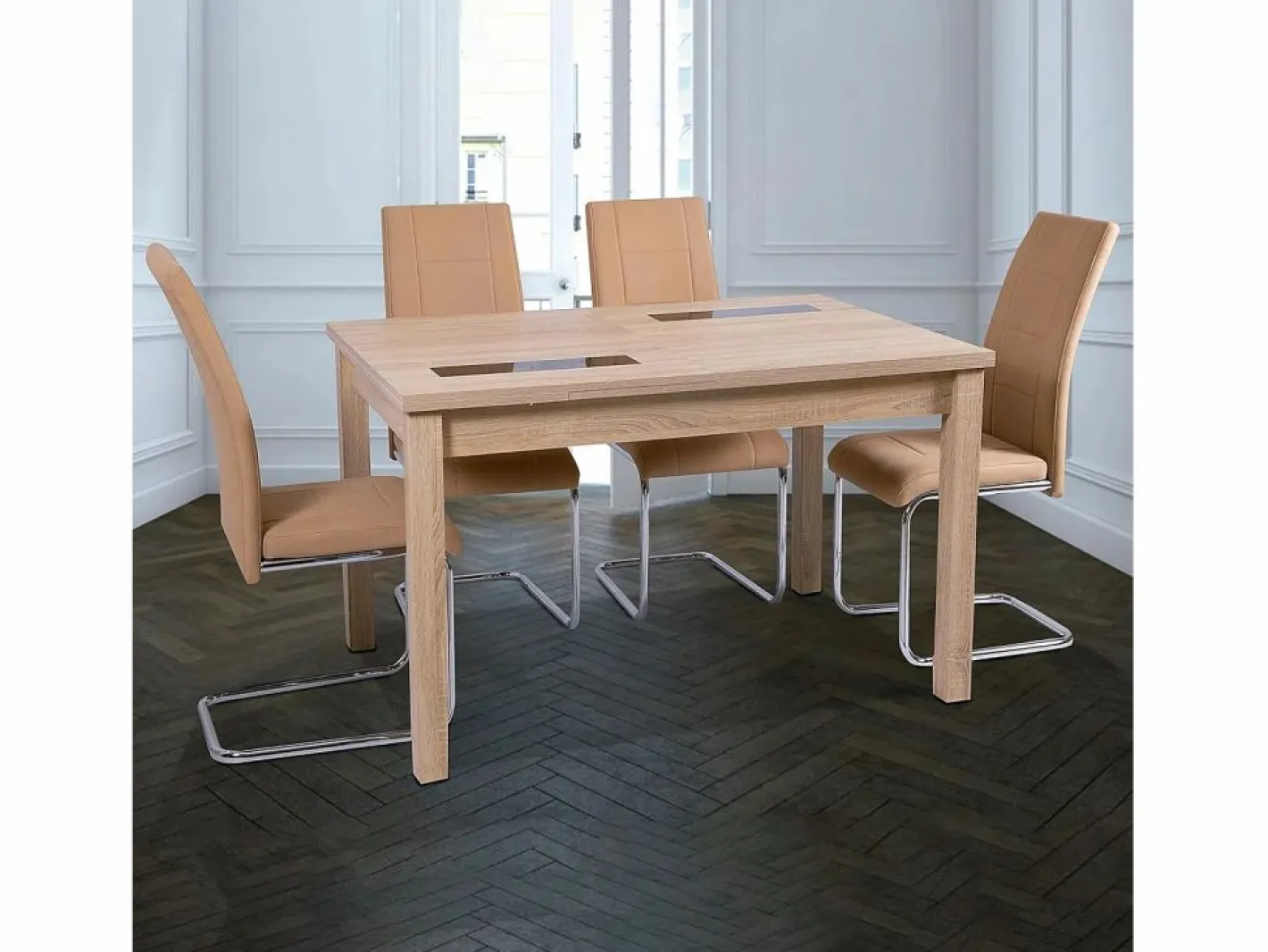 Pack de 4 Sillas Tapizadas para Salón y Comedor – Acabado Color Beig con Patas Cromadas de Aluminio, Medidas: 42,5 cm x 52 cm x 99 cm^ Hot