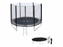 Pack Premium Trampolín 245cm reversible / gris CANBERRA + red, escalera, funda y kit de anclaje^Happy Garden Best