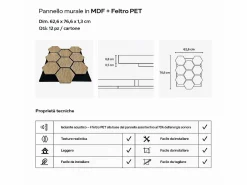 Panel De Pared|Panel decorativo de madera MDF con dibujo hexagonal y fieltro PET, juego de 12 piezas, 62x76 cm, revestimiento de pared fonoabsorbente, color roble.