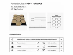 Panel De Pared|Panel decorativo de madera MDF con dibujo hexagonal y fieltro PET, juego de 12 piezas, 62x76 cm, revestimiento de pared fonoabsorbente, color roble.