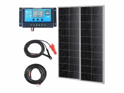 Panel Solar Monocristalino SucceBuy, 200 W, Kit de 2 Paneles y Controlador, para Acampada, Senderismo, Uso Fuera de la Red Negro