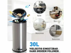 Papelera de acero inoxidable de 30 l con pedal y tapa abatible, con cubo interior, para cocina y baño (29,2 x 29,2 x 62,9 cm) Plateado Clearance