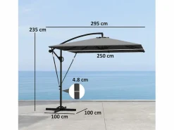 Sombrilla|Parasol descentrado de 260 cm, con protección UV 50+, función de inclinación, de metal y poliéster gris (295x250x235cm)