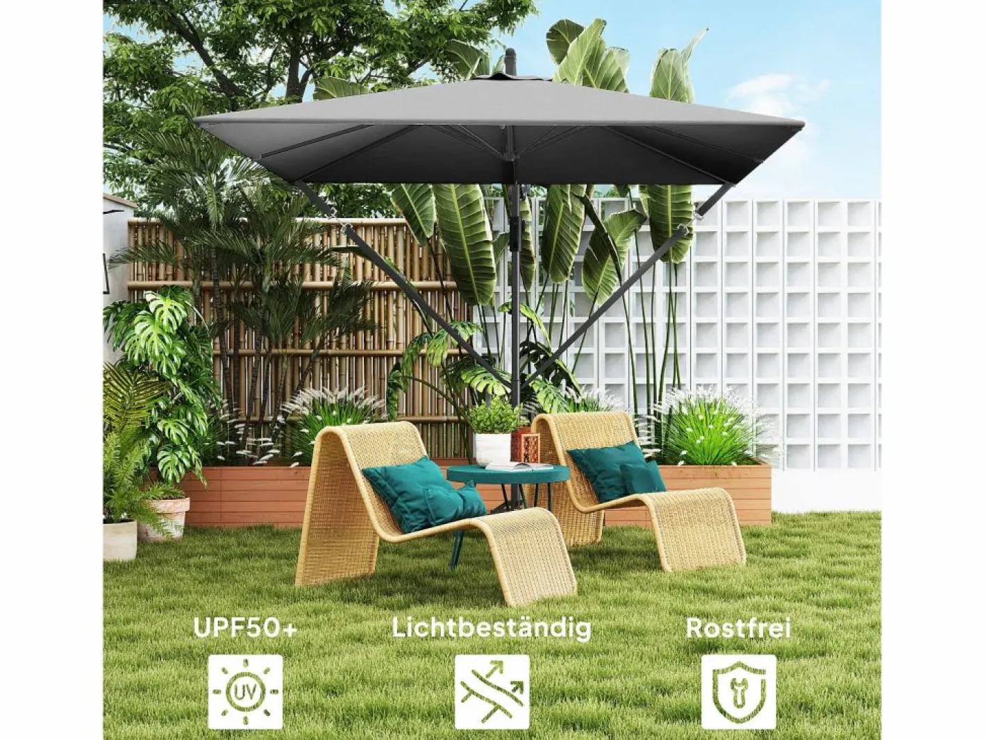 Sombrilla|Parasol descentrado de 260 cm, con protección UV 50+, función de inclinación, de metal y poliéster gris (295x250x235cm)