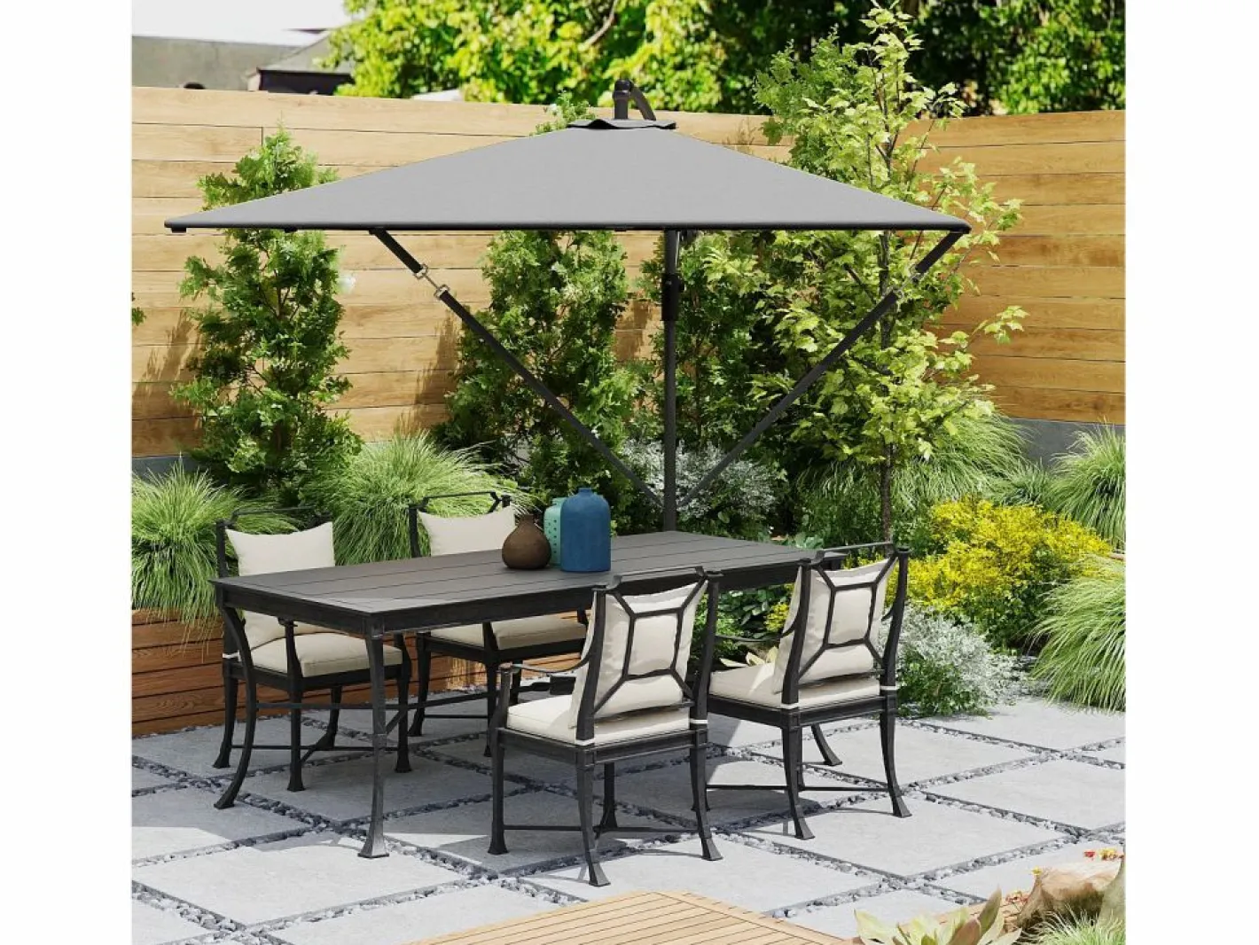 Sombrilla|Parasol descentrado de 260 cm, con protección UV 50+, función de inclinación, de metal y poliéster gris (295x250x235cm)