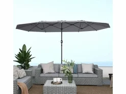 Parasol doble con manivela, protección UV, estructura de acero, gris oscuro (436x260x240 cm) Sale