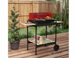Barbacoa|Parrilla metálica con ruedas, altura regulable, estante de madera, carrito móvil, gris (103 x 47 x 95 cm)
