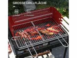 Barbacoa|Parrilla metálica con ruedas, altura regulable, estante de madera, carrito móvil, gris (103 x 47 x 95 cm)