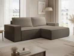 Vente-unique Pequeño Sofá cama rinconera derecha de pana beige AMELIA Topo Discount