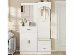OKWISH Perchero con espejo, 1 cajón y 3 puertas – para entradas y pasillos Blanco Hot