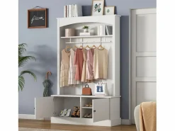 Perchero de 2 puertas - Guardarropa con barra y estantes abiertos - Estantes regulables Blanco New