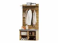 Perchero con banco zapatero, balda regulable y gancho, diseño compacto en tablero de partículas, color roble (84x32x175cm)^ New