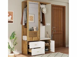 OKWISH Perchero|Perchero con espejo, banco zapatero y barra retráctil para ropa - y natural