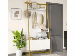 Perchero con zapatero de dos puertas, ganchos metálicos y espejo - y dorado^OKWISH Best