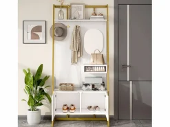 Perchero con zapatero de dos puertas, ganchos metálicos y espejo - y dorado^OKWISH Best