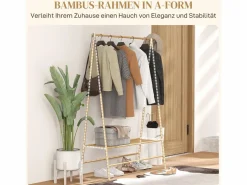 Burro Para Ropa|Perchero de bambú con estantes y ganchos, madera natural, estable y práctico (116 x 43,5 x 160 cm)