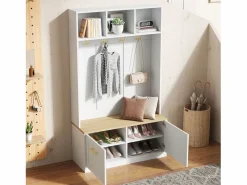 Perchero de entrada con banco, 4 ganchos y 2 puertas 105×40×180 cm^Hauss Spole Best