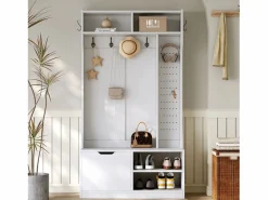 ModernLuxe Armario De Entrada|Perchero de entrada moderno 100x40x185.4cm - con 6 ganchos y 1 puerta - con 4 estantes abiertos -