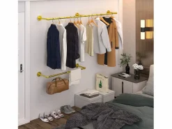 Fativo Perchero de pared industrial para colgar ropa, perchero sólido, barra de diseño extraíble, 180 x 27,5 x 2,5 cm Dorado