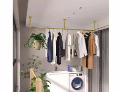 Fativo Perchero de pared industrial para colgar ropa, perchero sólido, barra de diseño extraíble, 180 x 27,5 x 2,5 cm Dorado