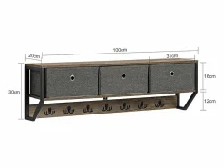 Perchero de Pared para Pasillo, Guardarropa, Estante de Pared con 3 Cestas y 7 Ganchos Dobles Estilo iIndustrial 100 x 20 x 30 cm FHK26-N ES^Sobuy New
