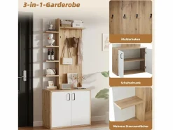 Perchero|Perchero de pasillo con almacenaje y estantes integrados, madera natural y blanco (75x33x180cm)