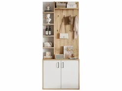 Perchero|Perchero de pasillo con almacenaje y estantes integrados, madera natural y blanco (75x33x180cm)