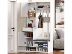 Perchero de pasillo con banco tapizado, 4 ganchos, cajones y puertas - - 100x35x180 cm^OKWISH Best
