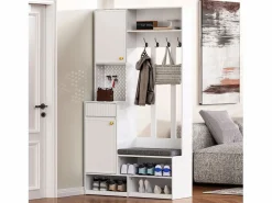 Perchero de pasillo con banco tapizado, 4 ganchos, cajones y puertas - - 100x35x180 cm^OKWISH Best