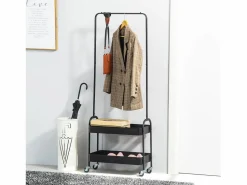 Perchero móvil con barra y estantes, acero , ruedas bloqueables (56,5x31,5x152,5cm) Negro Outlet