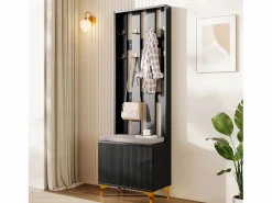 Perchero con banco para zapatos - Puertas onduladas, ganchos dorados y estantes ajustables - Muebles modernos para recibidor^OKWISH New