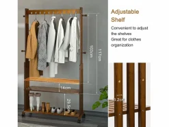 Fativo Perchero robusto con estante, perchero con ruedas, perchero para dormitorio 104x32,2x166cm Marru00f3n