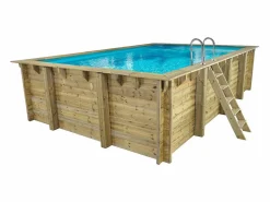 Habitat et jardin Piscina de madera rectangular Panama 130 - 6,20x4,10x1,31m - Pino tratado clase 4, filtración de arena 5,7m³/h, liner azul, escaleras de madera y acero inoxidable Marru00f3n Outlet