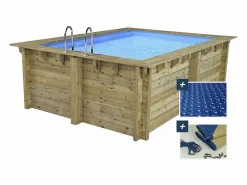 Habitat et jardin Piscina De Madera|Piscina de madera rectangular "Maldivas" - 3,20 x 3,20 x 1,24 m + cubierta de burbujas de 180 µ - cubierta de invierno de 280 g/m².