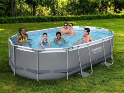 Bestway Piscina Desmontable Tubular Power Steel Oval 488x305x107 cm con Depuradora Cartucho 3.028 L/H con Cobertor y Escalera Gris