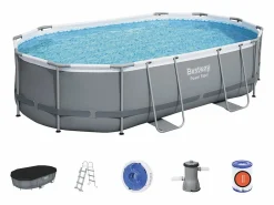 Bestway Piscina Desmontable Tubular Power Steel Oval 488x305x107 cm con Depuradora Cartucho 3.028 L/H con Cobertor y Escalera Gris