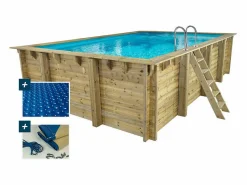 Piscina rectangular de madera "Panama 130" - 6,20 x 4,10 x 1,45 m + cubierta de burbujas de 180 µ - cubierta de invierno de 280 g/m² +^Habitat et jardin Online