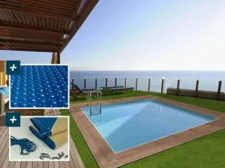 Habitat et jardin Piscina rectangular de madera "Caimans 140" - 4,10 x 3,00 x 1,39 m + cubierta de burbujas de 180 µ - lona de invierno de 280 g/m² Color natural claro Clearance
