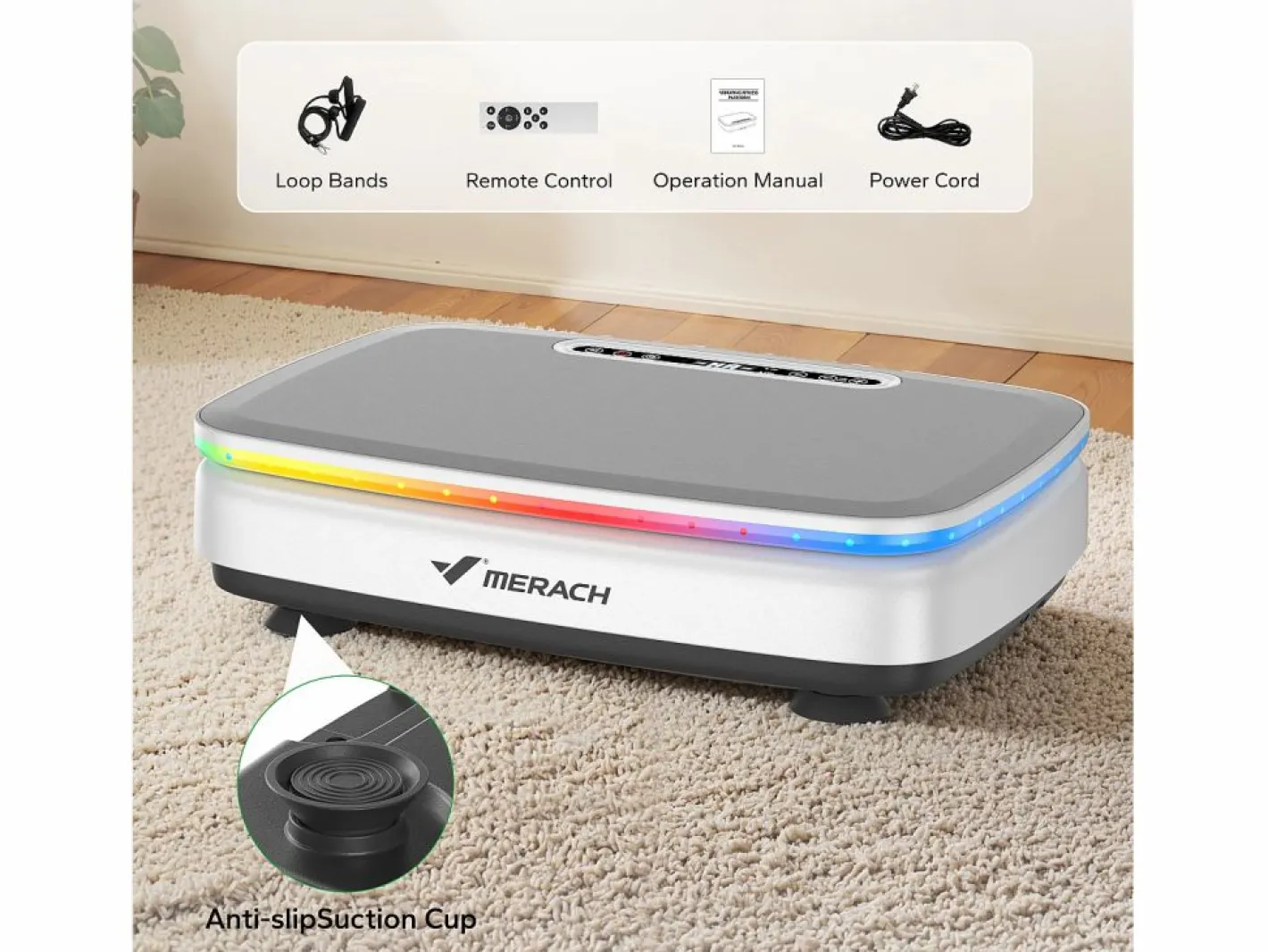 MERACH Plataforma Vibratória , 99 Níveis, Bluetooth, Luzes e Ecrã de LED, Altifalante Integrado, Controlo Remoto, Modo duplo, Máx 150 kg, Branco Blanco New
