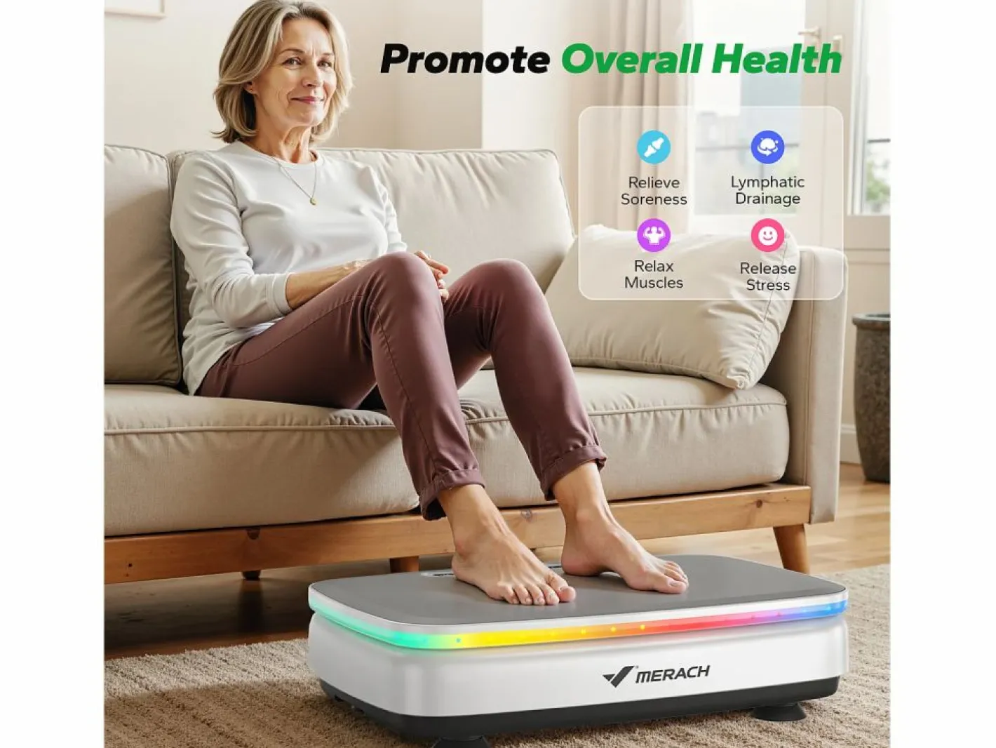 MERACH Plataforma Vibratória , 99 Níveis, Bluetooth, Luzes e Ecrã de LED, Altifalante Integrado, Controlo Remoto, Modo duplo, Máx 150 kg, Branco Blanco New