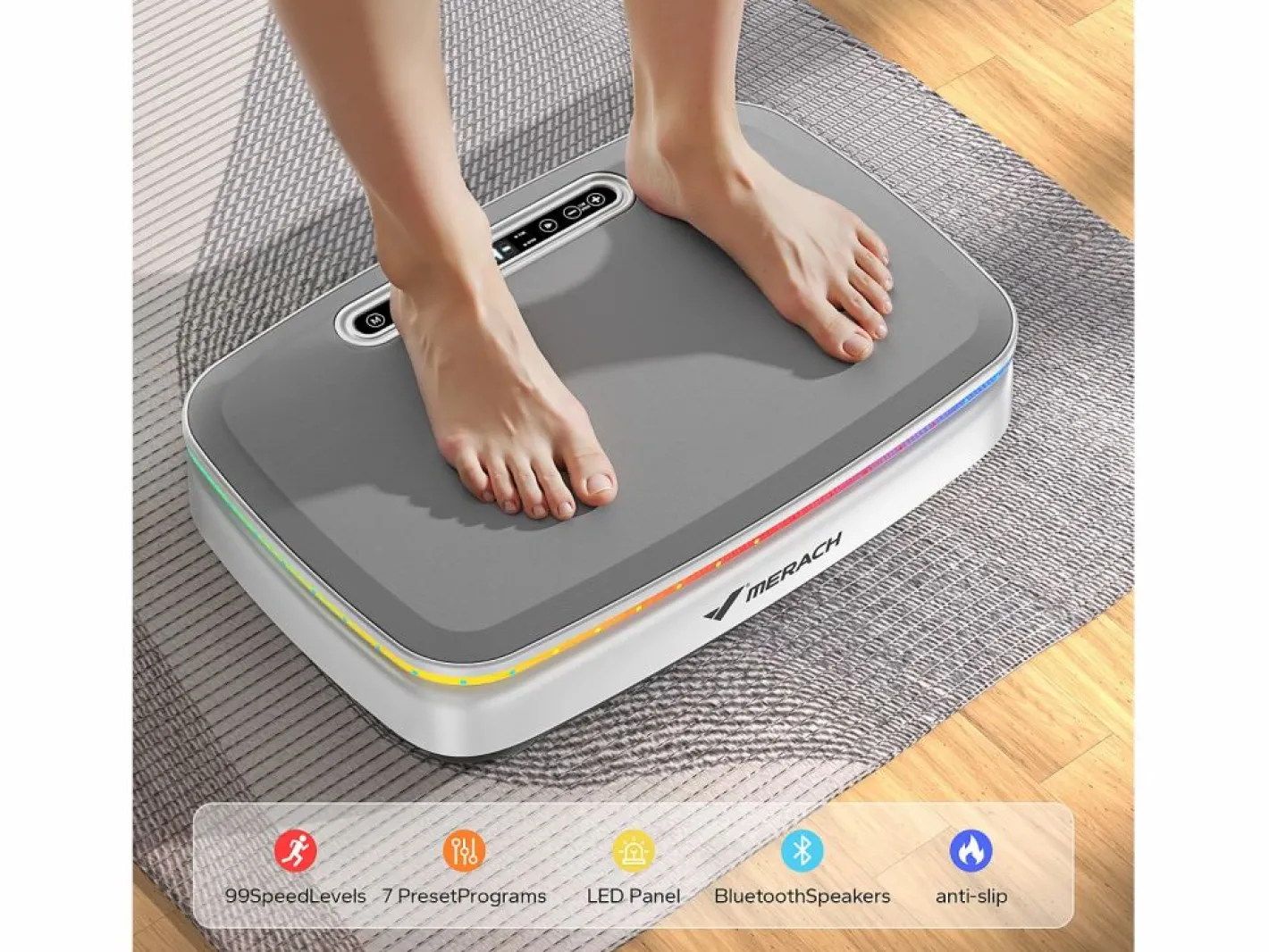MERACH Plataforma Vibratória , 99 Níveis, Bluetooth, Luzes e Ecrã de LED, Altifalante Integrado, Controlo Remoto, Modo duplo, Máx 150 kg, Branco Blanco New