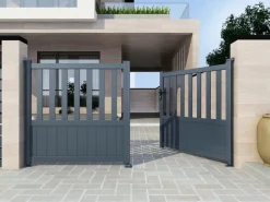 EXPERTLAND Portón|Portón eléctrico batiente de aluminio calado Ancho 314 x Alt. 120/140 cm antracita TARNOS II
