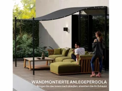 Pérgola adosada con techo impermeable, estructura metálica, color oscuro (248x298x250 cm)^ Hot