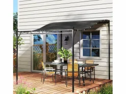 Pérgola adosada con techo impermeable, estructura metálica, color oscuro (248x298x250 cm)^ Hot