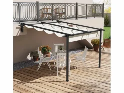 Pérgola|Pérgola adosada con techo retráctil, estructura de aluminio, color crema (297x297x230cm)