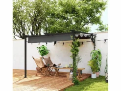 Pérgola adosada con techo retráctil, estructura de acero y poliéster, color oscuro (297x297x230cm)^ Sale