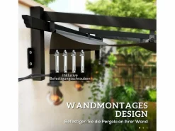Pérgola adosada con techo retráctil, estructura de acero y poliéster, color oscuro (297x297x230cm)^ Sale