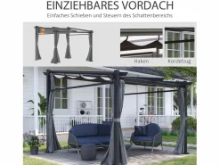 Pérgola con techo retráctil, estructura de acero, poliéster, oscuro (297x295x230cm) Gris