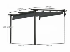 DripeX Pérgola|Pérgola mural 297 x 297 x 200/230H cm, con lona corrediza retráctil, estructura de aluminio, Gris